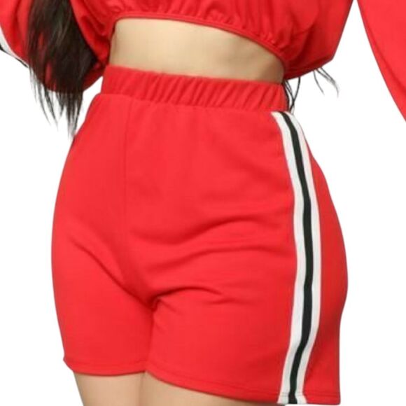 Fashion Nova Red Side Striped Crop Top High Waist 2 Piece Fleece Short Set 2X - Picture 8 of 14